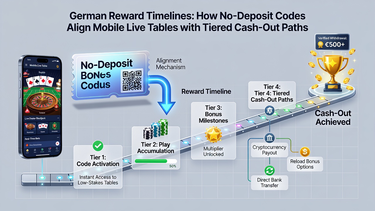 Illustration der Synchronisation von No-Deposit-Codes mit Live-Tischen und Auszahlungspfaden