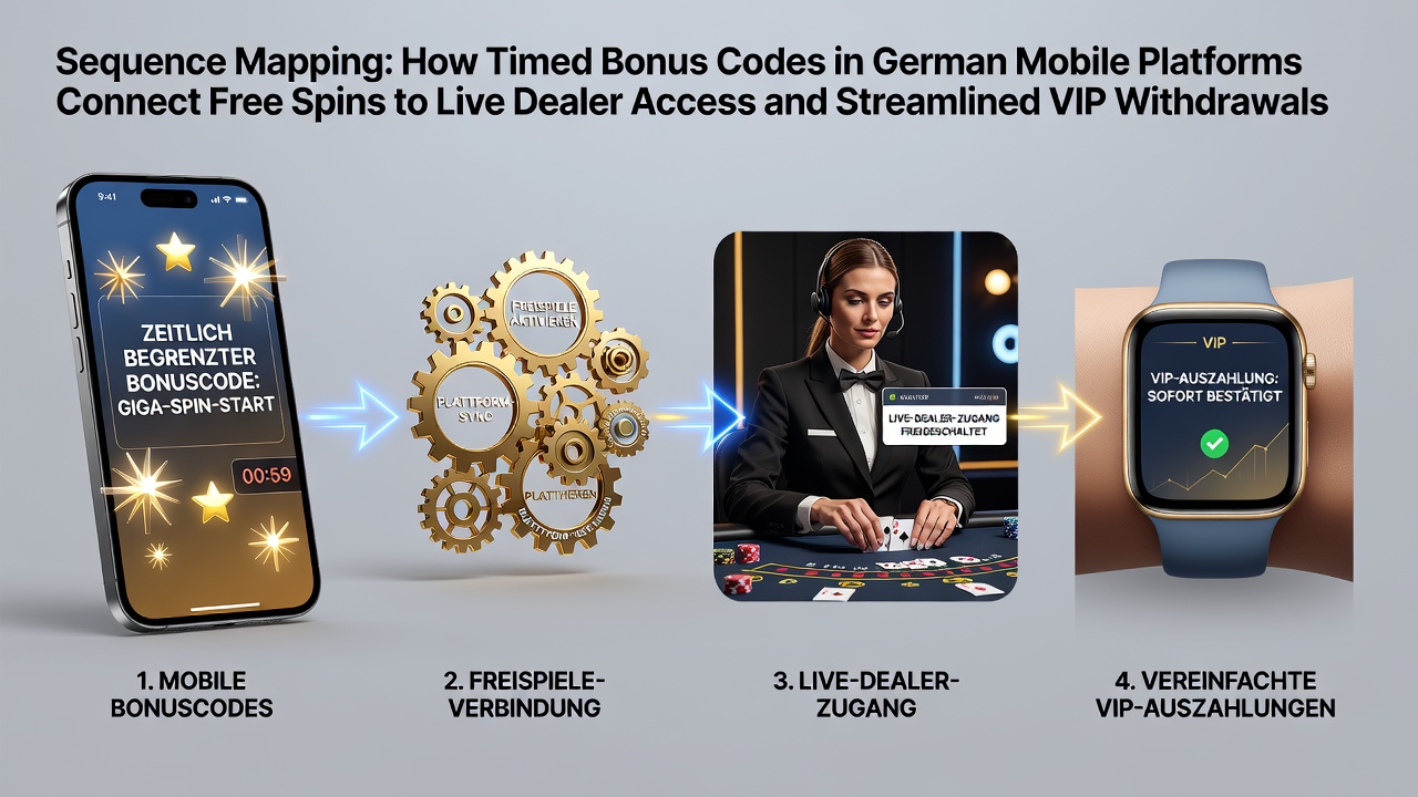 Darstellung der Sequenz von Bonus-Codes zu Freispielen und VIP-Auszahlungen in deutschen mobilen Casino-Plattformen