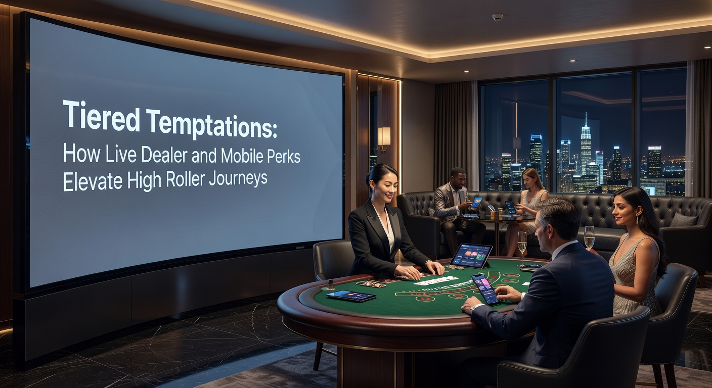 Mobile App mit Live-Dealer-Broadcast auf Smartphone, High-Roller-Dashboard mit VIP-Stufen und Perks
